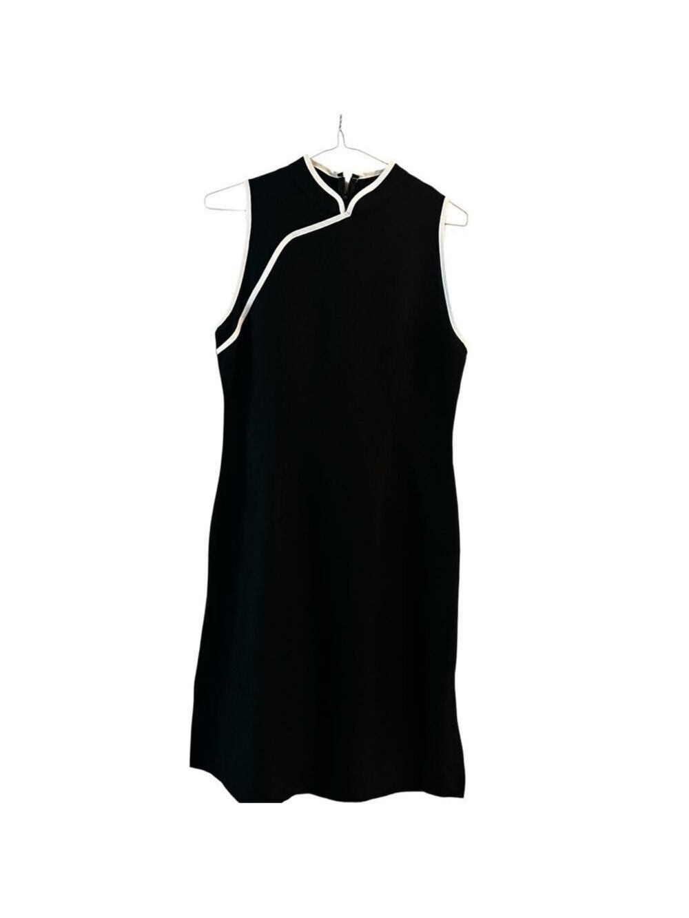 TRISTAN LINEN BLEND MANDARIN Collar Sleeveless Dress Black w/white trim